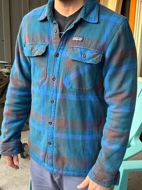 Patagonia Teal & Brown Plaid Lightweight Fleece Shirt Jacket